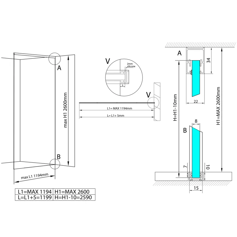 ARCHITEX LINE kalené sklo, L 1000 - 1199 mm, H 1800-2600 mm, šedé (ALS1012)