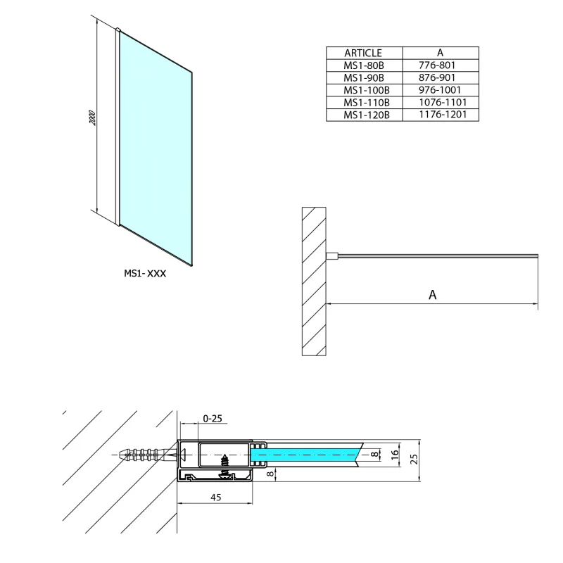 MODULAR SHOWER BLACK jednodílná zástěna pevná k instalaci na zeď, 800 mm 1