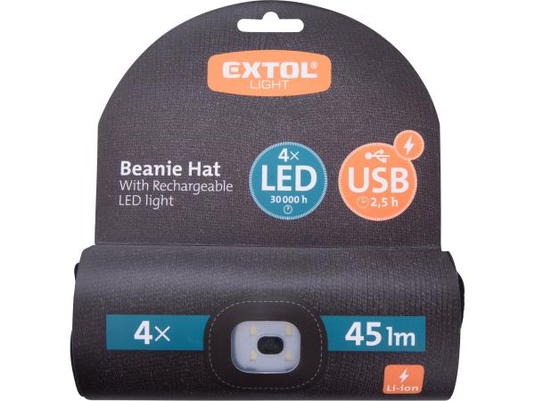EXTOL LIGHT 43199 - čepice s čelovkou 4x45lm, USB nabíjení, černá, univerzální velikost