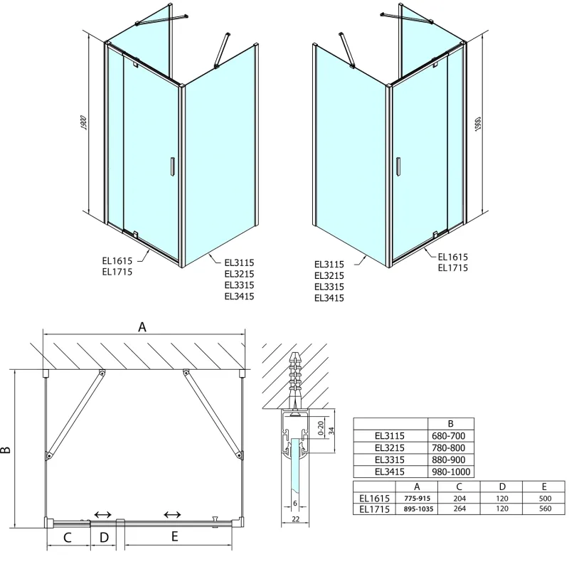EASY LINE třístěnný sprchový kout 800-900x900mm, pivot dveře, L/P varianta, čiré skl (EL1615EL3315EL