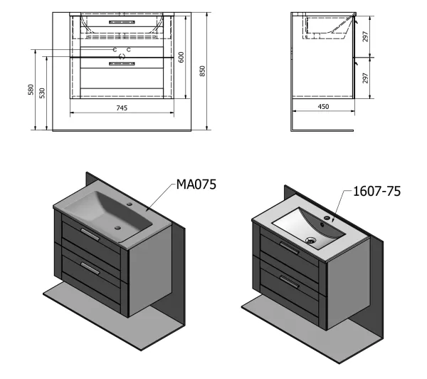 AMIA umyvadlová skříňka 74,5x60x45cm, dub Texas (AM075-2020)