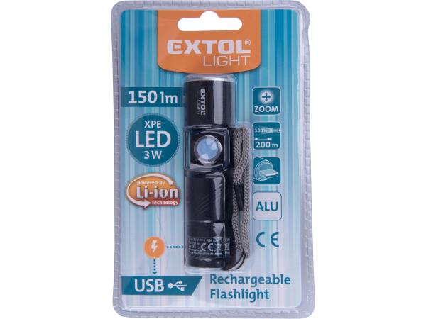 EXTOL LIGHT 43135 - svítilna 150lm, zoom, USB nabíjení, XPE 3W LED