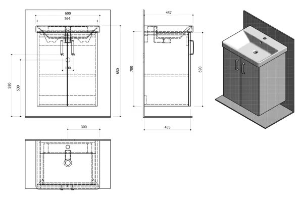 THEIA umyvadlová skříňka 56,4x70x43,5cm, 2xdvířka, borovice rustik (TH062-1616)