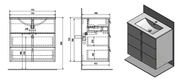 MITRA umyvadlová skříňka s umyvadlem, 3 zásuvky, 150x70x46 cm, antracit (2XMT0821601-150)