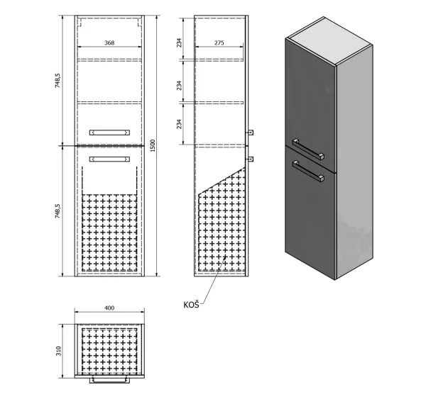 VEGA skříňka vysoká s košem, 40x150x31 cm, dub platin (VG960)