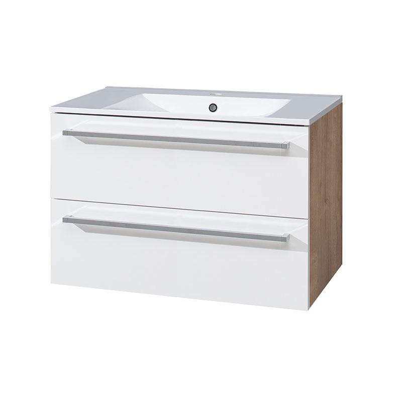 MEREO MP5033 Bino, koupelnová skříňka s keramickým umyvadlem 81 cm, bílá, dub