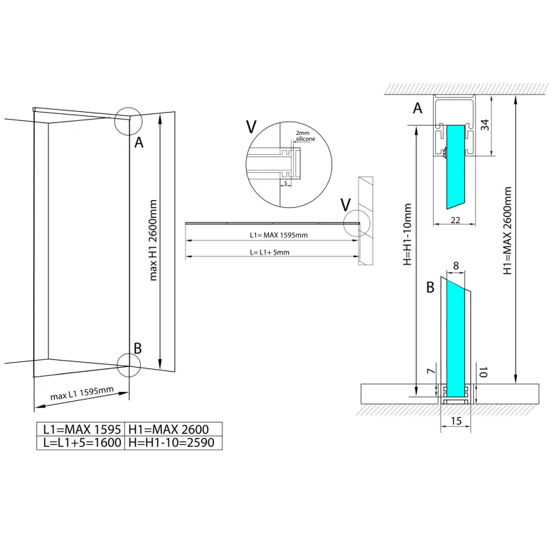 ARCHITEX LINE kalené sklo, L 1200 - 1600 mm, H 1800-2600 mm, šedé (ALS1216)