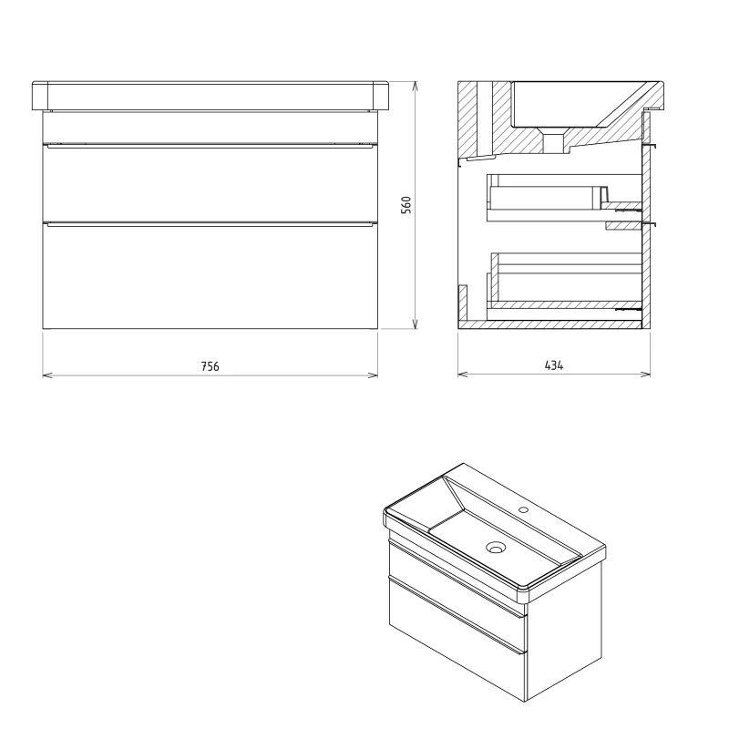 SITIA umyvadlová skříňka 75,6x50x43,4cm, 2xzásuvka, bílá mat