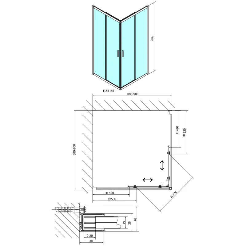 EASY BLACK čtvercová sprchová zástěna 900x900mm, čiré sklo 1