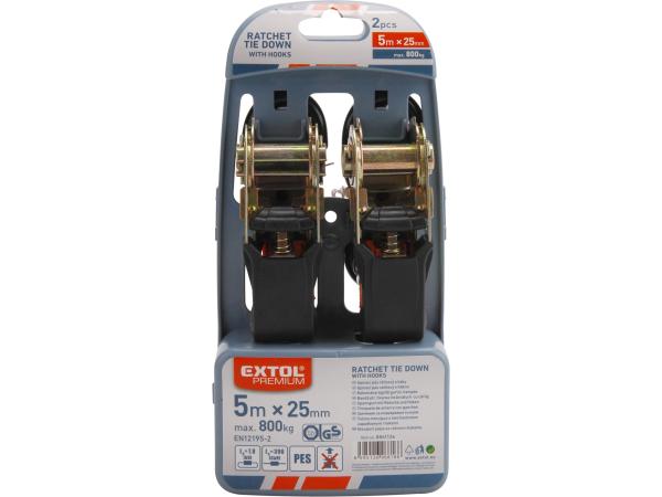 EXTOL PREMIUM 8861136 - pás upínací ráčnový s háky, 5m x 25mm, sada 2ks, max. 800kg