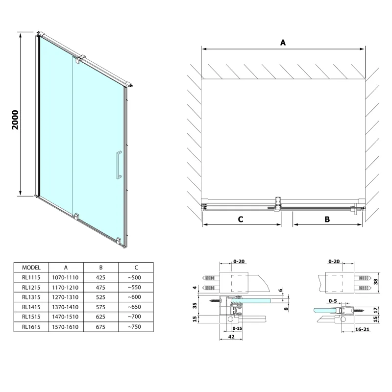ROLLS LINE sprchové dveře 1200mm,  výška 2000mm, čiré sklo (RL1215)