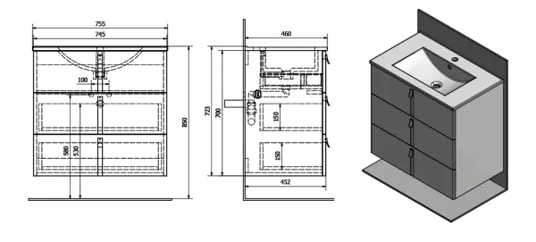 MITRA umyvadlová skříňka s umyvadlem, 3 zásuvky, 150x70x46 cm, bordó (2XMT0831601-150)