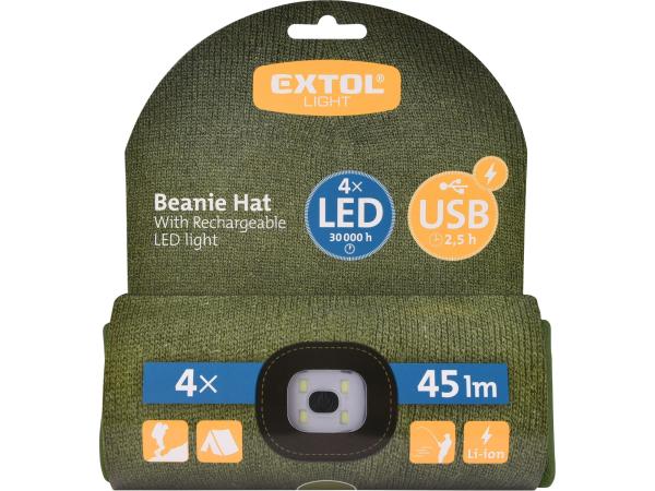 EXTOL LIGHT 43192 - čepice s čelovkou 4x45lm, USB nabíjení, tmavě zelená, univerzální veli
