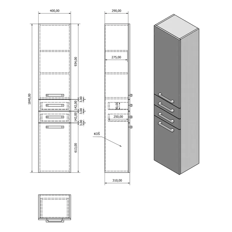 VEGA skříňka vysoká s košem, 40x184x31 cm, dub platin (VG980)