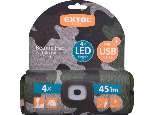 EXTOL LIGHT 43464 - čepice s čelovkou 4x45lm, USB nabíjení, maskovací, univerzální velikos
