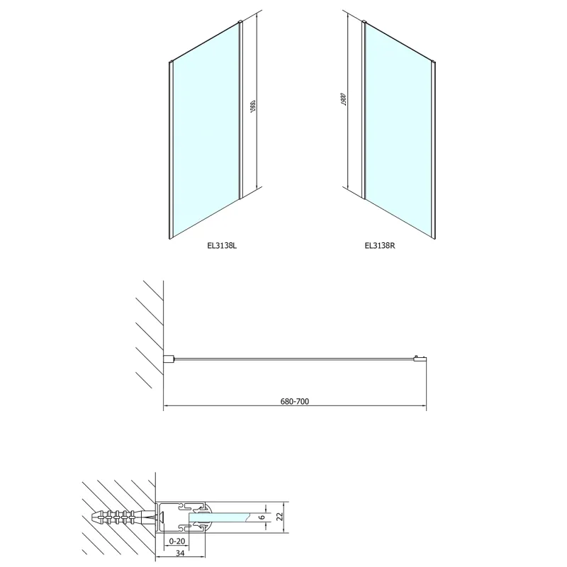 EASY LINE boční stěna 700mm, sklo BRICK (EL3138) 1