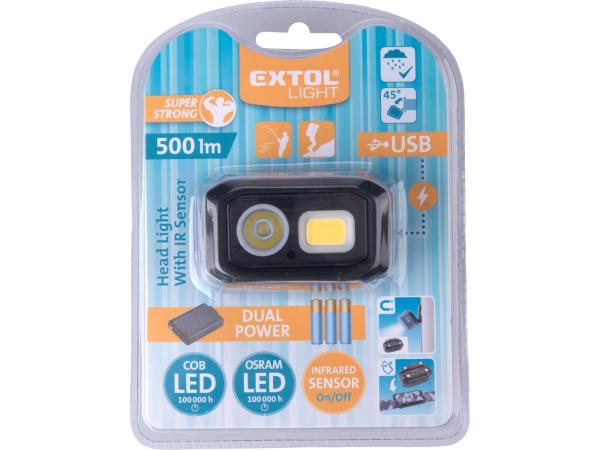 EXTOL LIGHT 43185 - čelovka 500lm, Dual Power - Li-ion nebo AAA, USB nabíjení, s IR čidlem