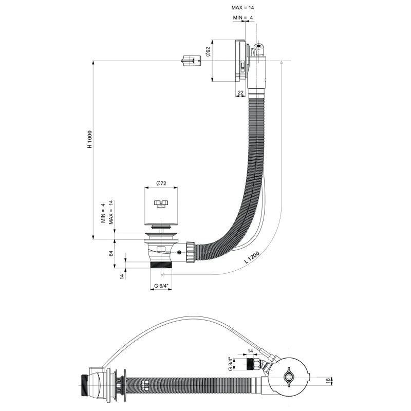 Vanová souprava s napouštěním, bovden, délka 1200mm, zátka 72mm, černá mat