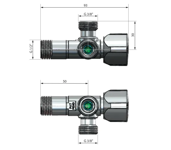 ARCO kombinovaný rohový ventil A-80 se dvěma vývody 1/2"x3/8"x3/8", anticalc (CQ4102)