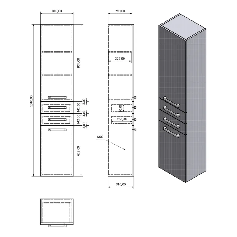 VEGA skříňka vysoká s košem, 40x184x31cm, bílá (VG180)