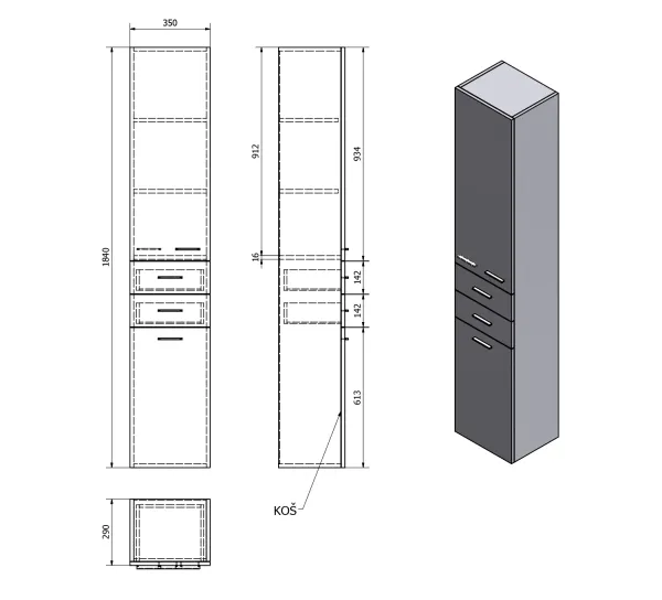 ZOJA/KERAMIA FRESH skříňka vysoká s košem 35x184x29cm, bílá (51230)