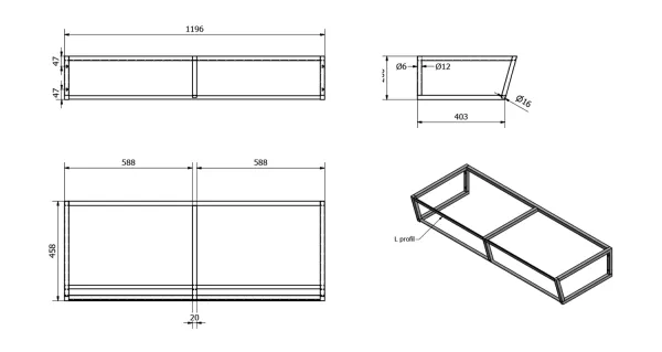 SKA konstrukce pod umyvadlo/desku 1200x200x460mm, černá mat (SKA204)