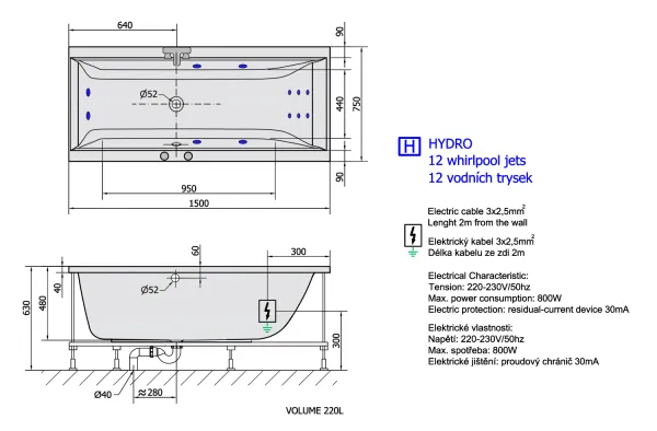 CLEO HYDRO hydromasážní vana, 150x75x48cm, bílá (27611H)