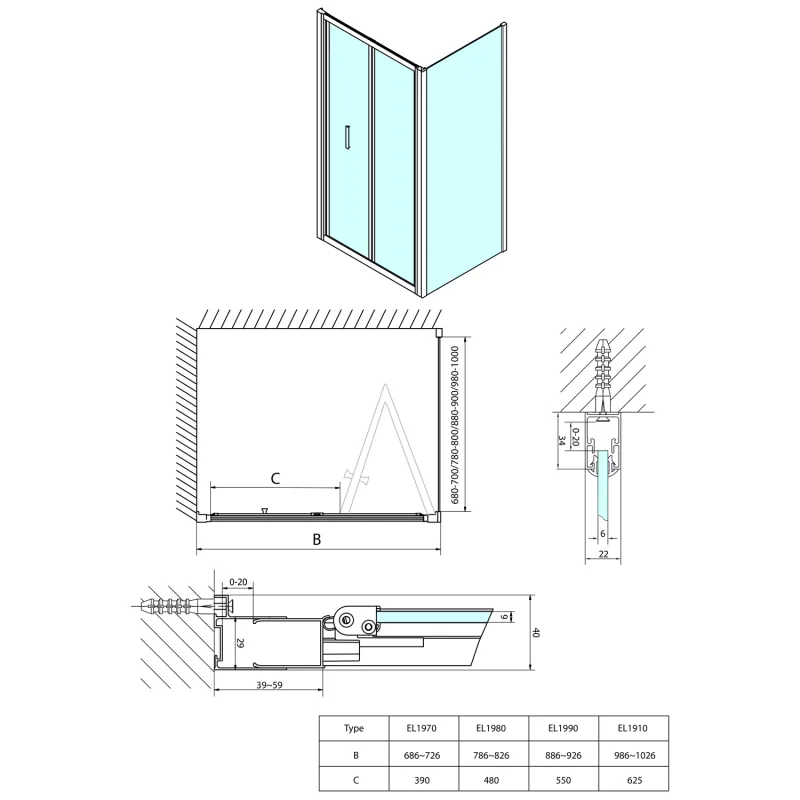 EASY LINE sprchové dveře skládací 1000mm, čiré sklo (EL1910)