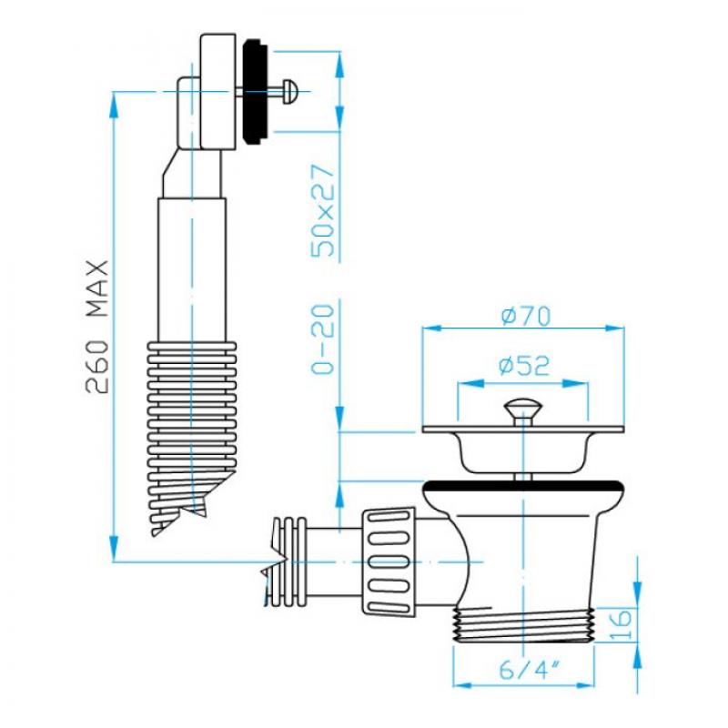 PLAST BRNO EDV0300 Dřezový výtokový ventil 6/4" přepad, zátka