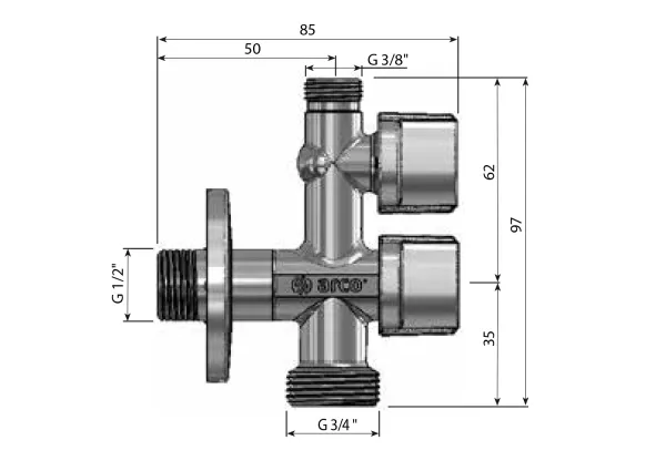 ARCO kombinovaný pračkový ventil s odbočkou 1/2"x3/4"x3/8", anticalc, chrom (COMB5MAC)