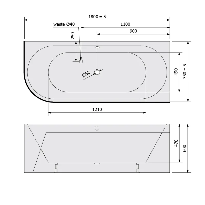 VIVA R MONOLITH asymetrická vana 180x75x60cm, šedá 1