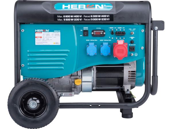 HERON 8896418 - elektrocentrála benzínová 15HP/6,8kW/8,5kVA (400V), 5,5kW (230V), podvozek