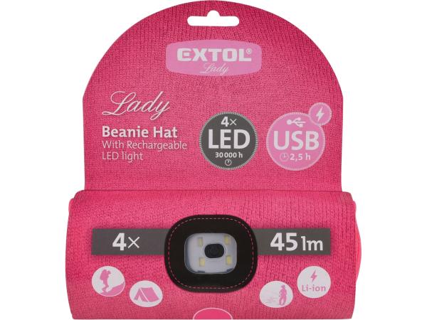 EXTOL LIGHT 43193 - čepice s čelovkou 4x45lm, USB nabíjení, růžová, univerzální velikost