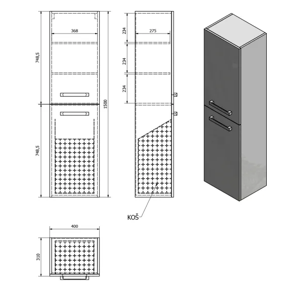 VEGA skříňka vysoká s košem, 40x150x31cm, levá/pravá,bílá (VG160)