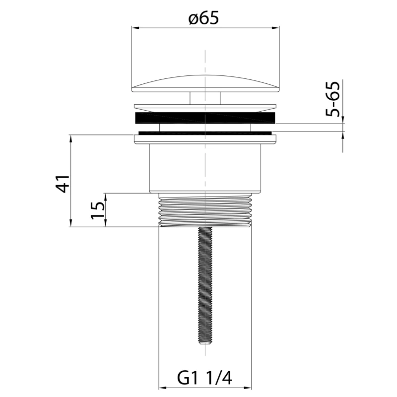 Umyvadlová výpust 5/4“, neuzavíratelná, velká zátka, 5-65mm, černá mat 1