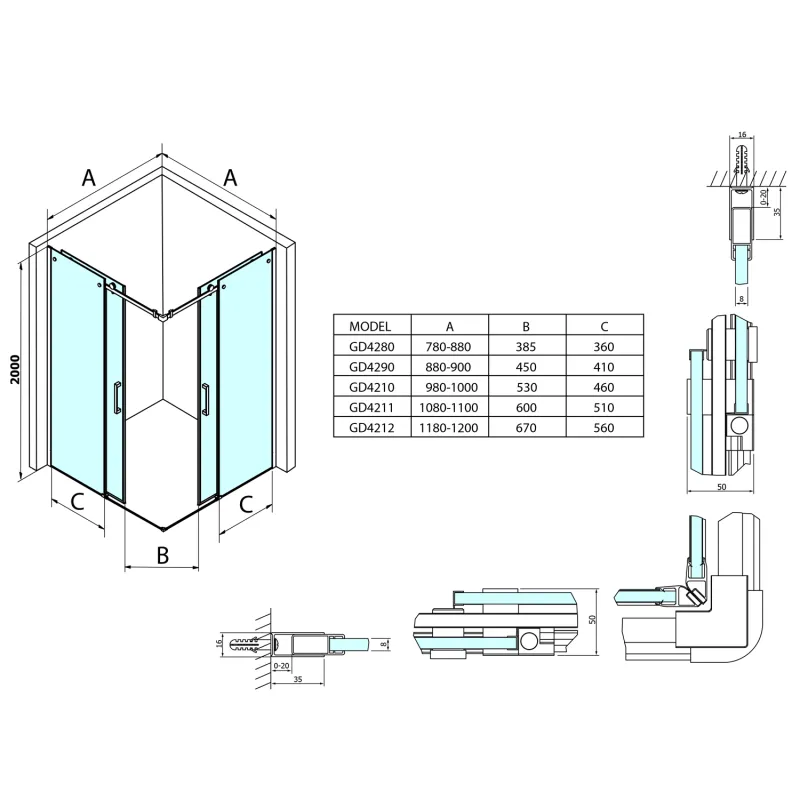 DRAGON sprchové posuvné dveře rohový vstup 900 mm, čiré sklo (GD4290)