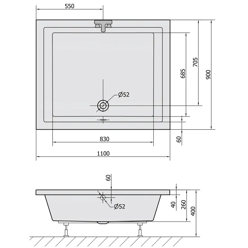 DEEP hluboká sprchová vanička s konstrukcí, obdélník 110x90x26cm, bílá (72372)