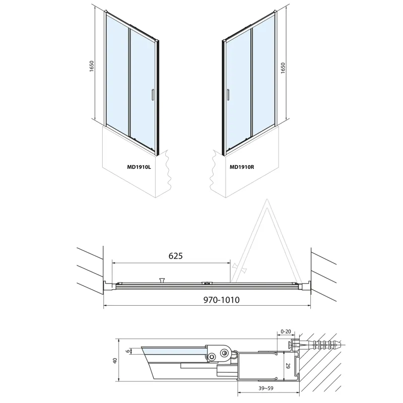 DEEP sprchové dveře skládací 1000x1650mm, čiré sklo (MD1910)