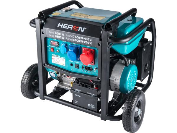 HERON 8896147 - elektrocentrála benzínová 17HP/8,2kW/10,25kVA (400V), 6,5kW (230V), podvoz