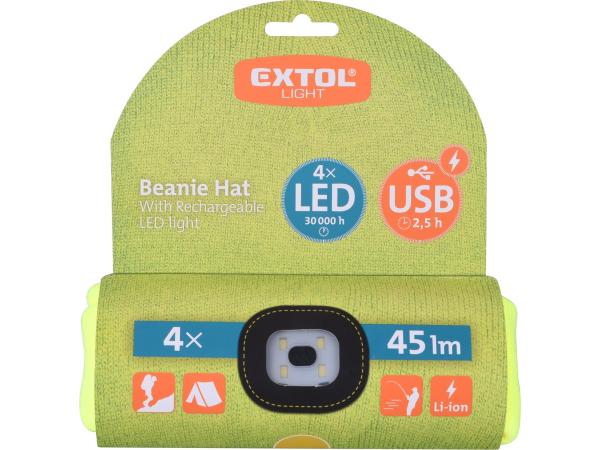 EXTOL LIGHT 43194 - čepice s čelovkou 4x45lm, USB nabíjení, fluorescentní žlutá, univerzál