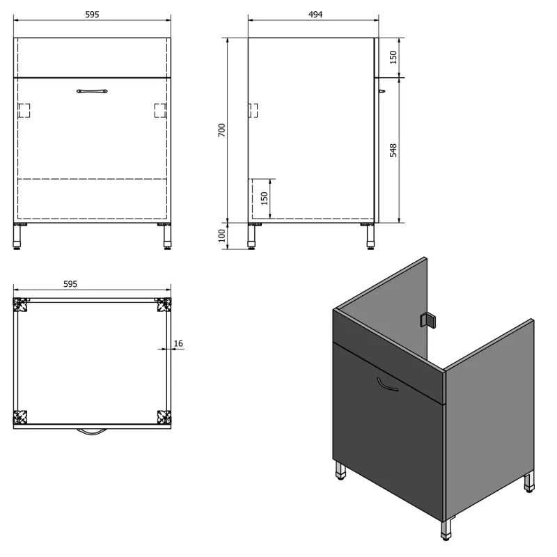 Skříňka pod výlevku 59,5x70x49,4cm, bílá (57035)