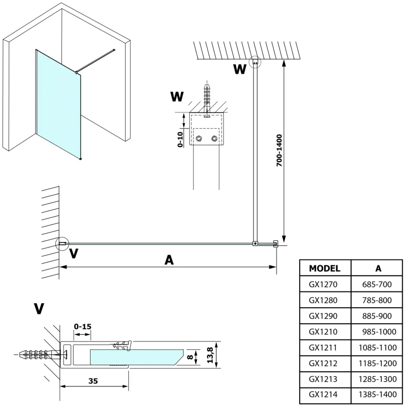 VARIO BLACK jednodílná sprchová zástěna k instalaci ke stěně, čiré sklo, 1000 mm (GX1210GX1014)