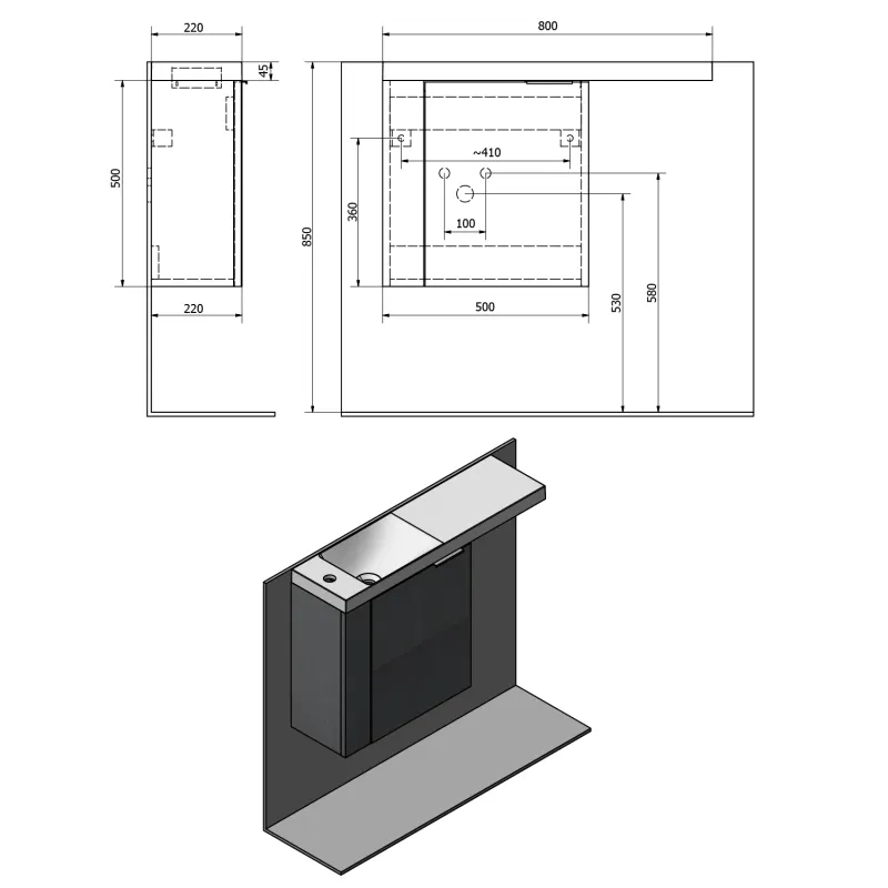 LATUS VI umyvadlová skříňka 50x50x22cm, levá, bílá (55835) (LT615-3030)