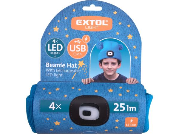 EXTOL LIGHT 43459 - čepice s čelovkou 4x25lm, USB nabíjení, modrá s bambulemi, dětská