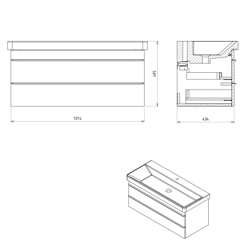 SITIA umyvadlová skříňka 101,4x43,2x43,4cm, 2xzásuvka, bílá mat