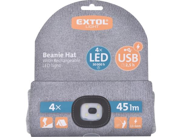 EXTOL LIGHT 43195 - čepice s čelovkou 4x45lm, USB nabíjení, šedá, univerzální velikost